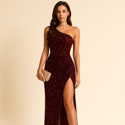 Sequin One Shoulder Ruched Maxi Dress