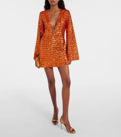 Sequin Plunge Bell Sleeve Mini Dress