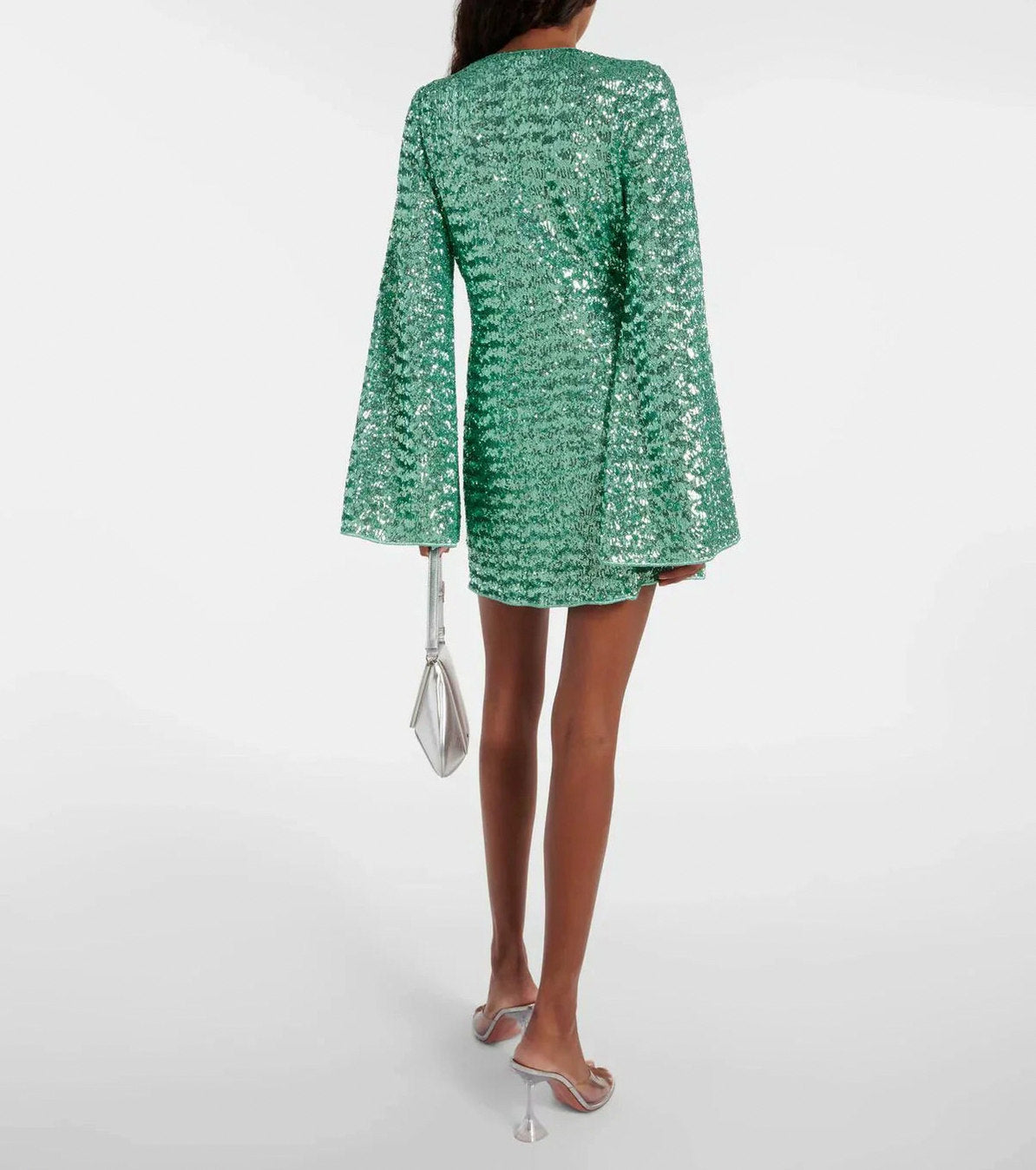 Sequin Plunge Bell Sleeve Mini Dress
