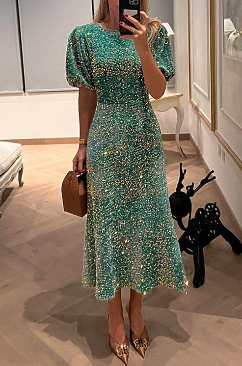 Sequin Puff Sleeve Midi Dress