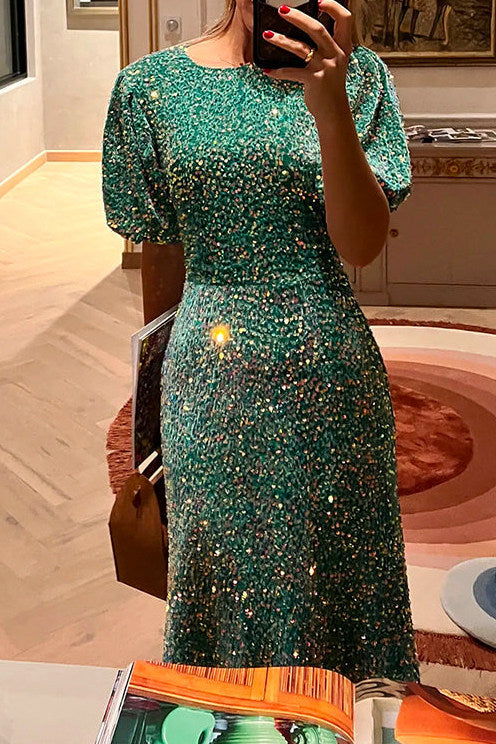 Sequin Puff Sleeve Midi Dress