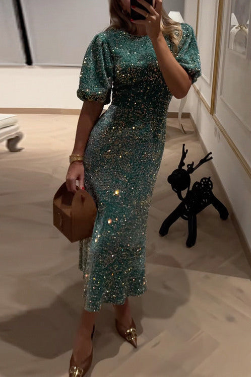 Sequin Puff Sleeve Midi Dress