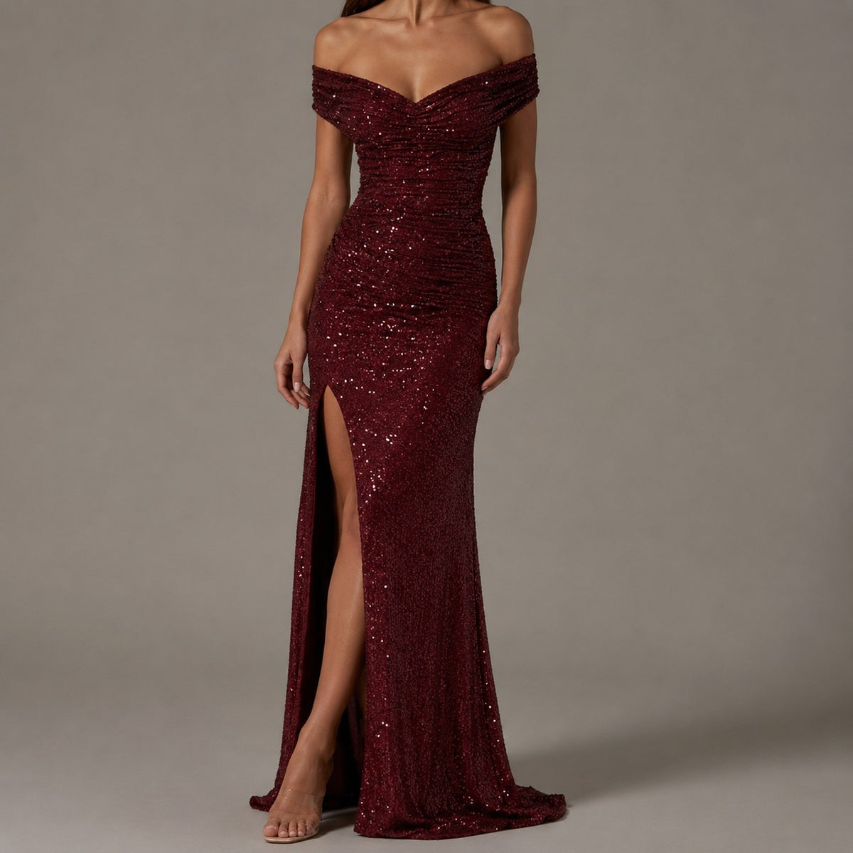 Sequin Ruched Off-Shoulder Maxi Dress