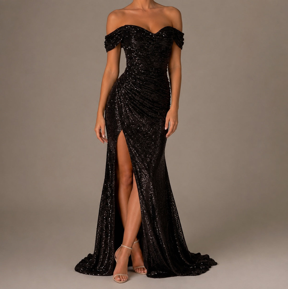 Sequin Ruched Off-Shoulder Maxi Dress