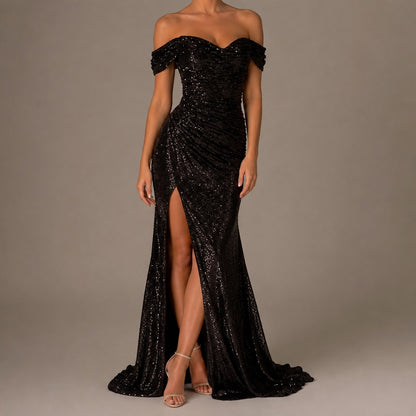 Sequin Ruched Off-Shoulder Maxi Dress