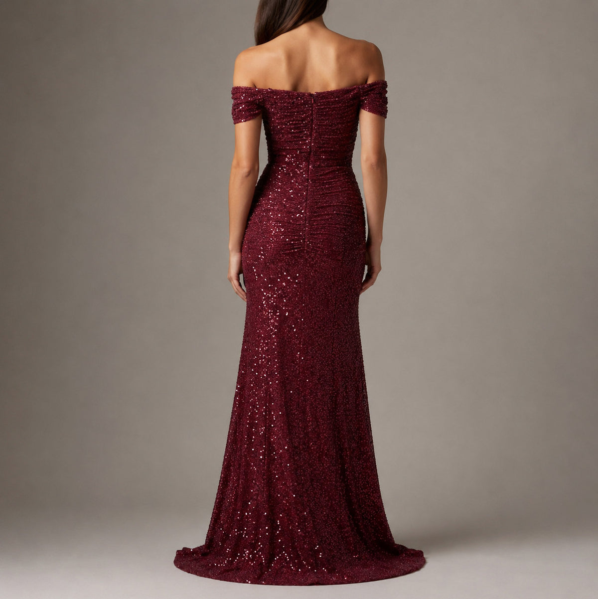 Sequin Ruched Off-Shoulder Maxi Dress
