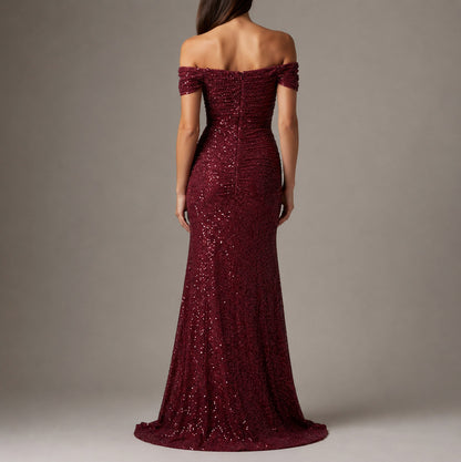 Sequin Ruched Off-Shoulder Maxi Dress