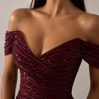 Sequin Ruched Off-Shoulder Maxi Dress