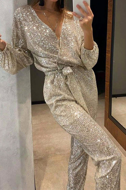 Sequin Tie Waist Long Sleeve Jumpsuit