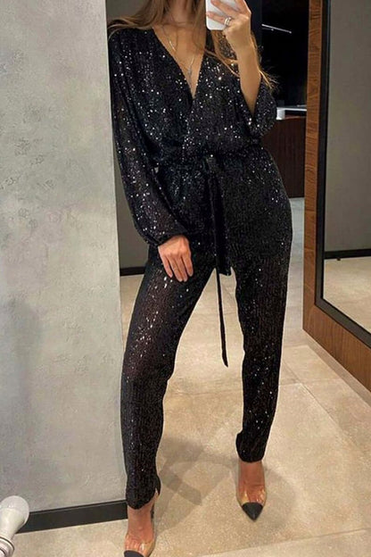 Sequin Tie Waist Long Sleeve Jumpsuit