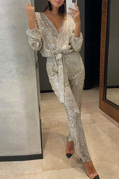 Sequin Tie Waist Long Sleeve Jumpsuit