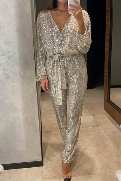 Sequin Tie Waist Long Sleeve Jumpsuit