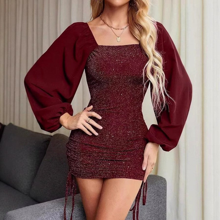 Long Balloon Sleeve Square Neck Mini Dress