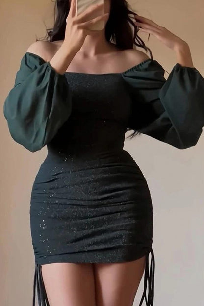 Long Balloon Sleeve Square Neck Mini Dress