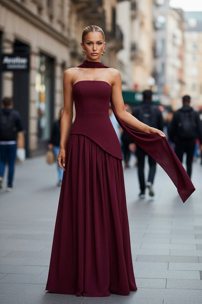 Strapless Pleated High Slit Maxi Dress
