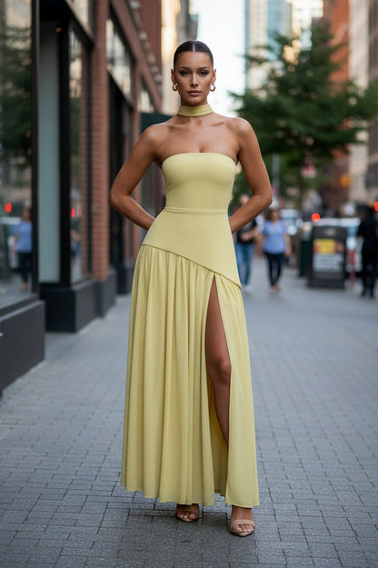 Strapless Pleated High Slit Maxi Dress