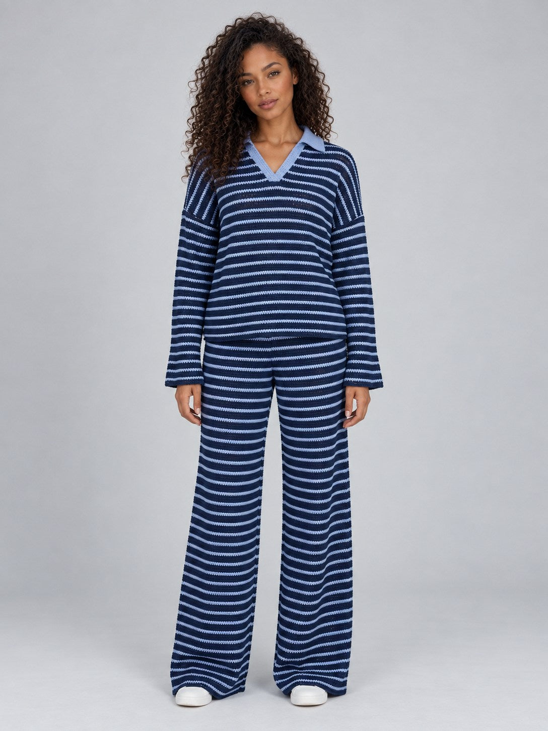 Striped Knit Collared Pant Set