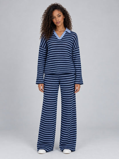 Striped Knit Collared Pant Set