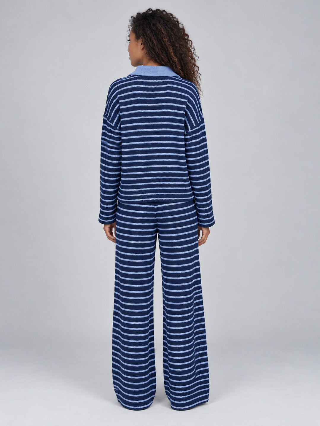 Striped Knit Collared Pant Set