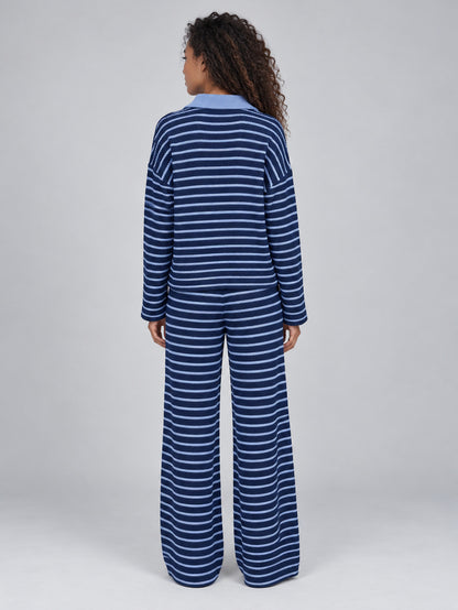 Striped Knit Collared Pant Set