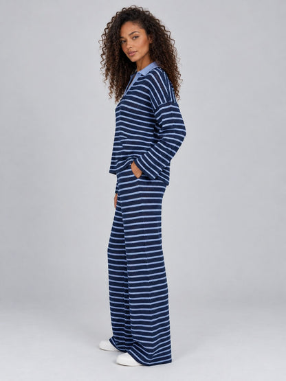 Striped Knit Collared Pant Set