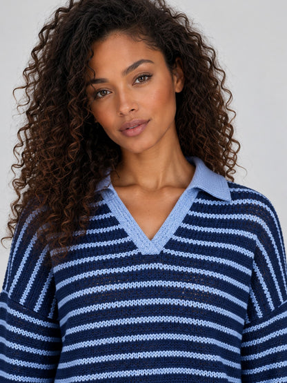 Striped Knit Collared Pant Set