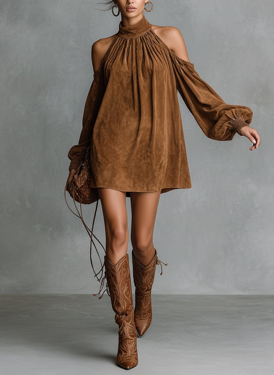 Suede Cold Shoulder Long Sleeve Mini Dress