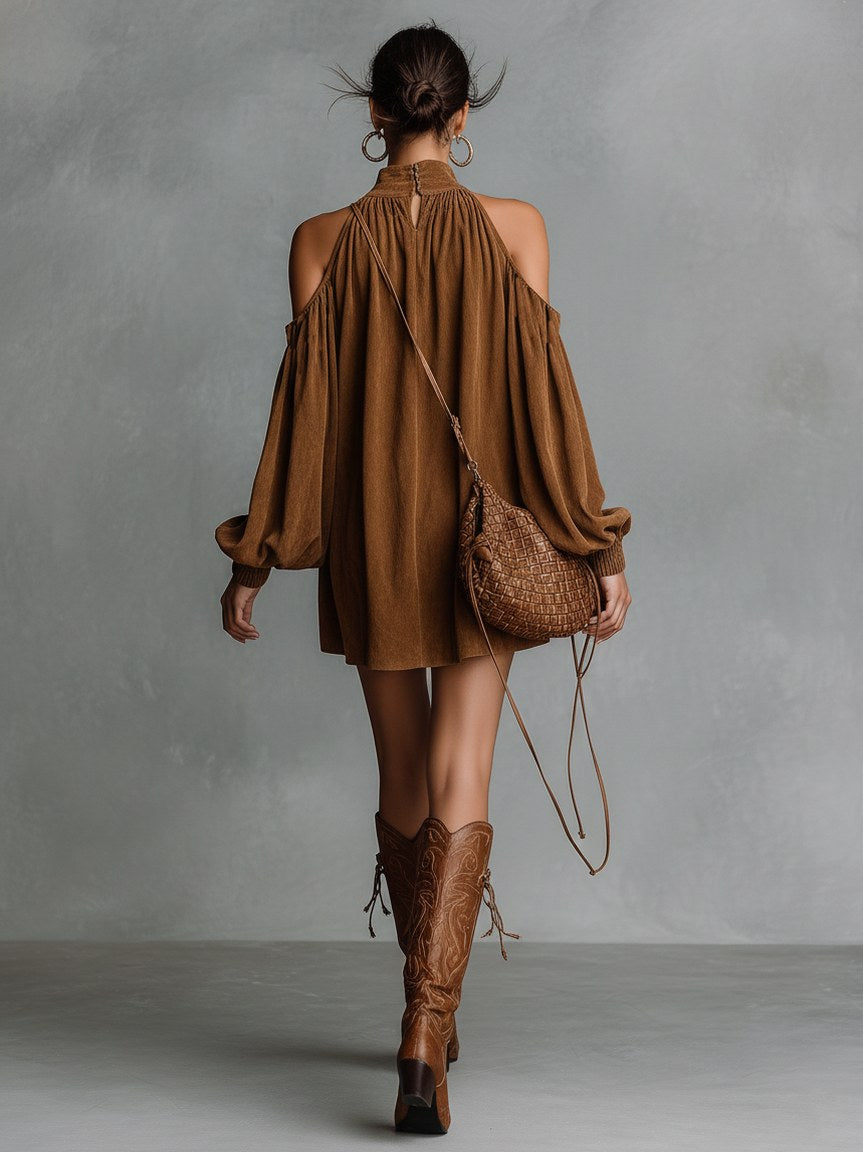 Suede Cold Shoulder Long Sleeve Mini Dress