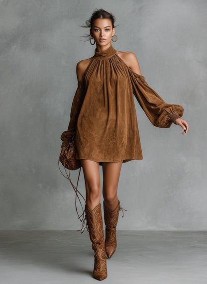 Suede Cold Shoulder Long Sleeve Mini Dress