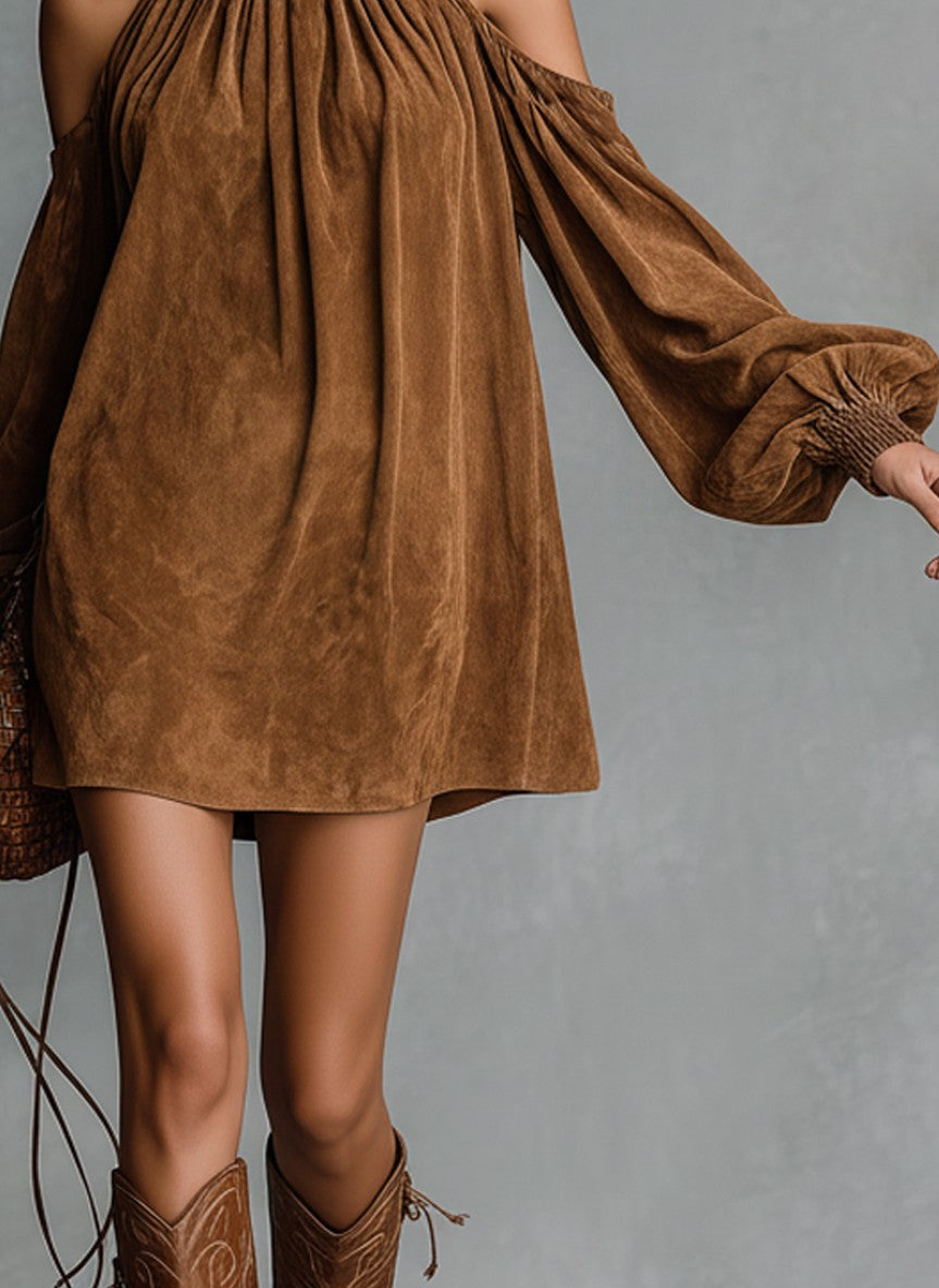 Suede Cold Shoulder Long Sleeve Mini Dress