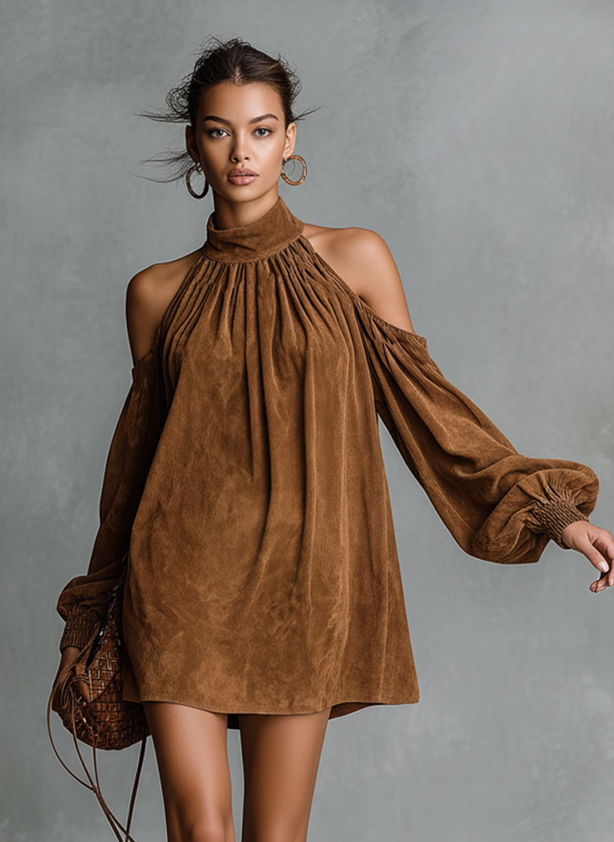 Suede Cold Shoulder Long Sleeve Mini Dress