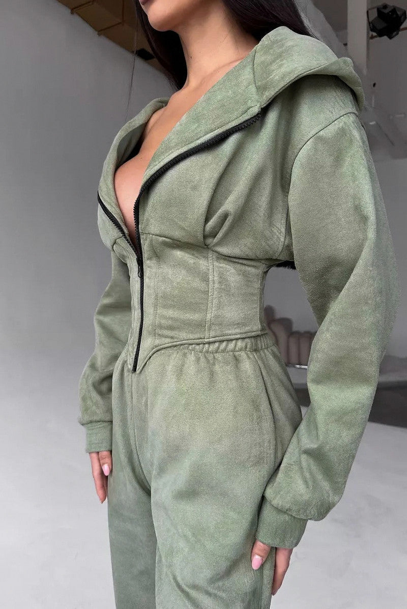Suede Corset Hoodie Jogger Set