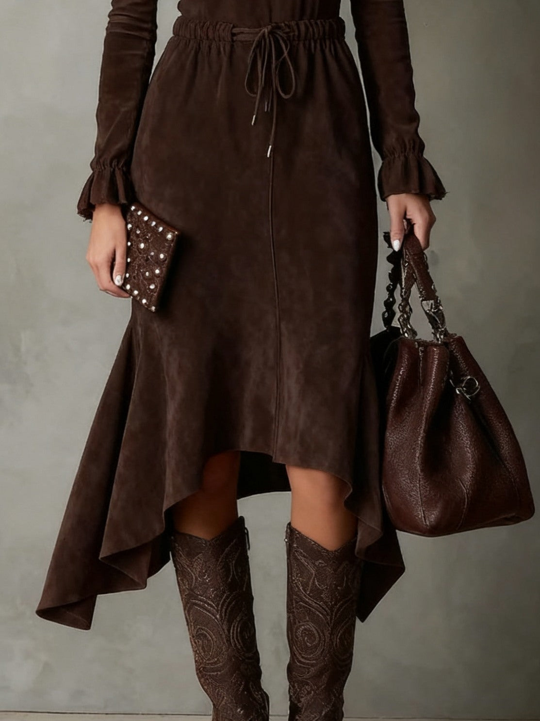 Suede Tie Waist Midi Dress