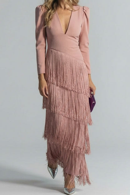 Long Sleeve Tiered Fringe Plunge Maxi Dress