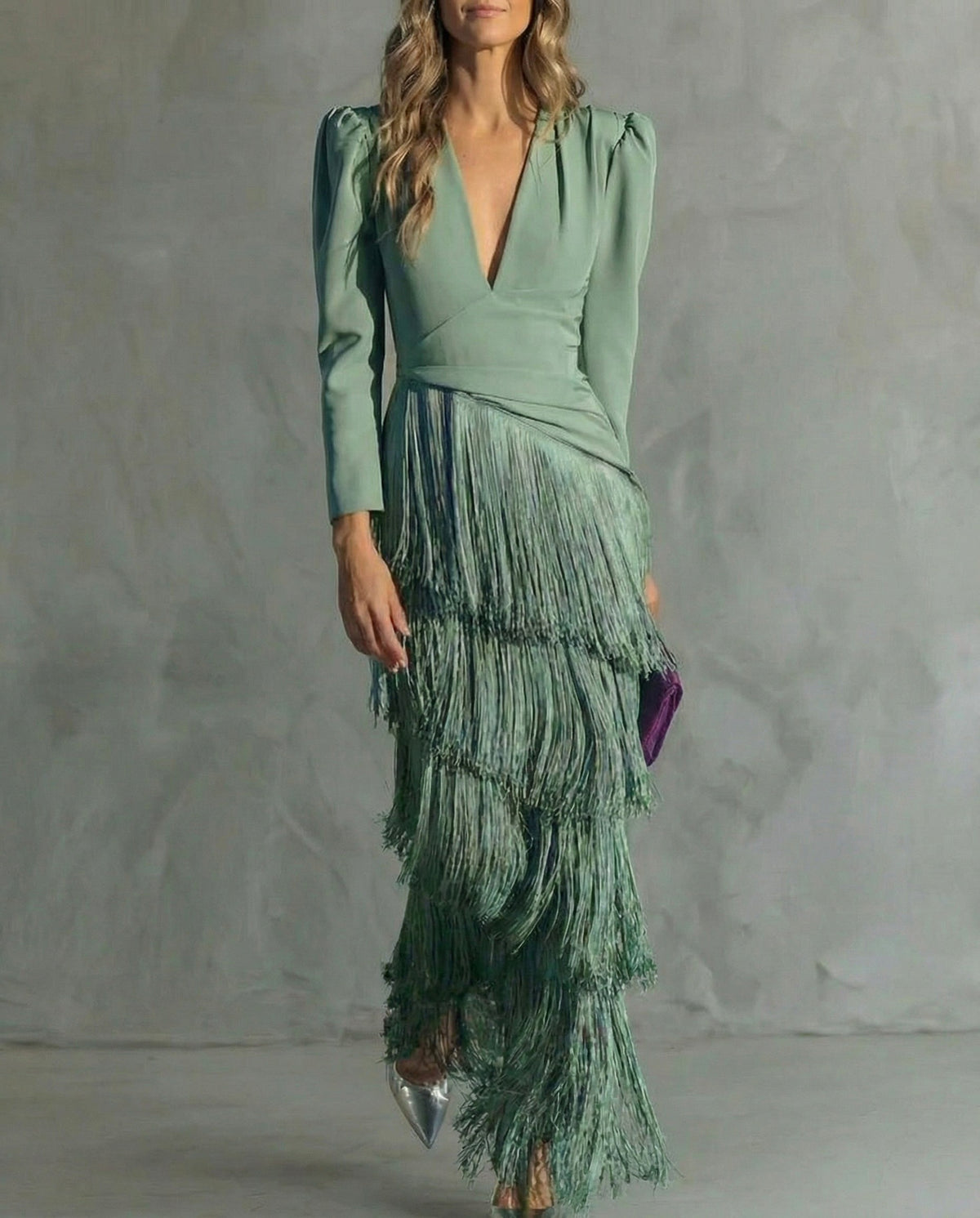 Long Sleeve Tiered Fringe Plunge Maxi Dress
