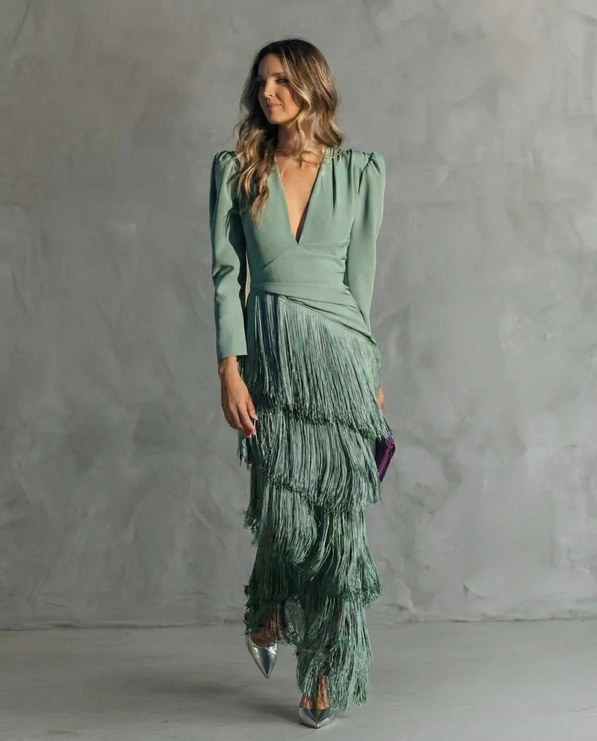 Long Sleeve Tiered Fringe Plunge Maxi Dress