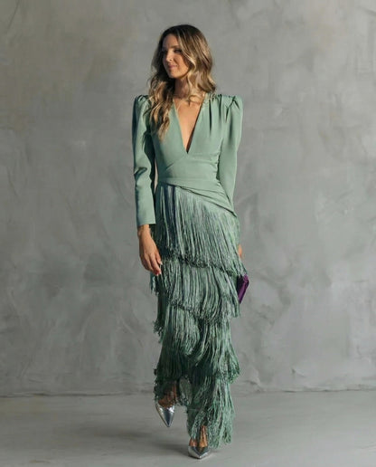 Long Sleeve Tiered Fringe Plunge Maxi Dress