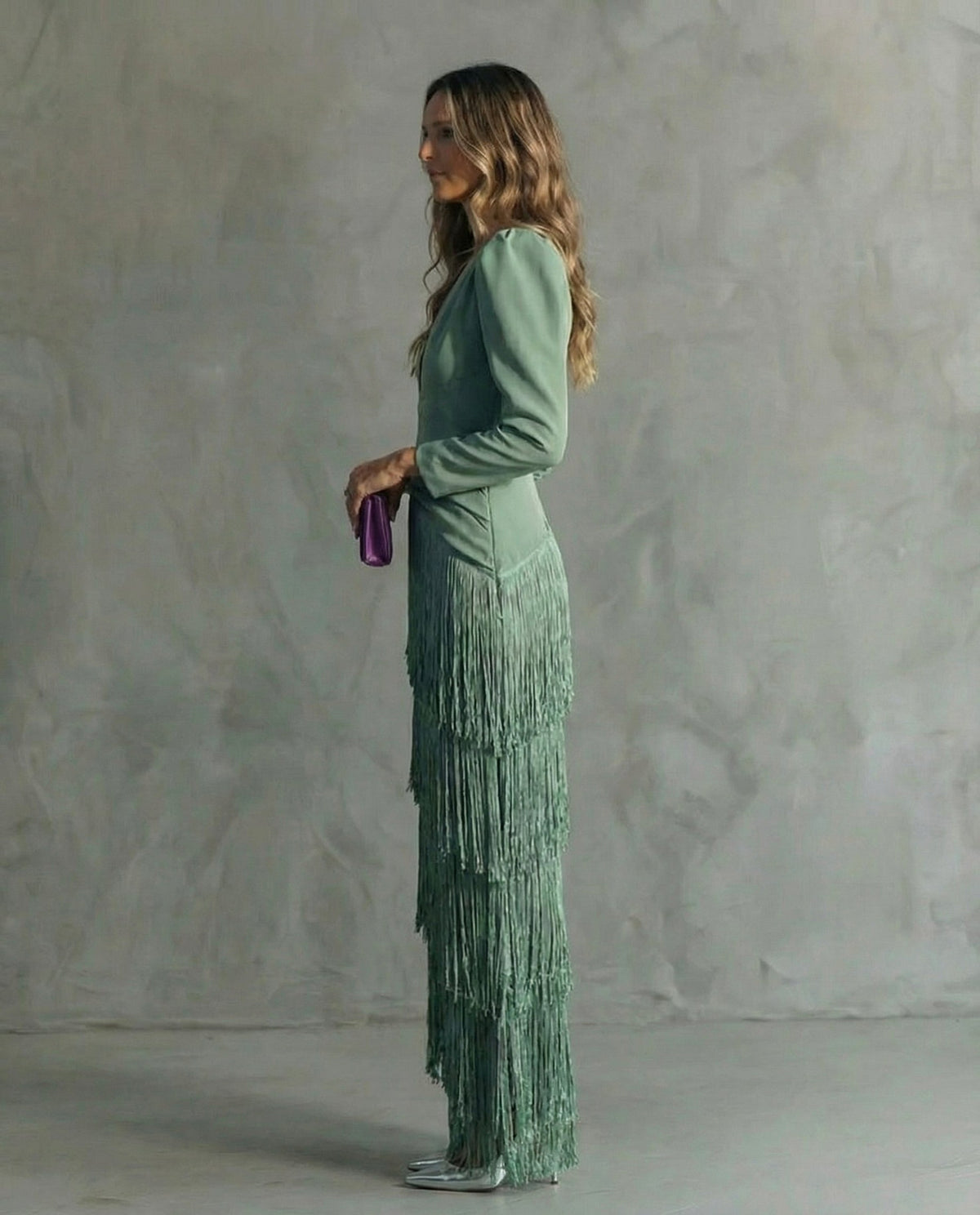 Long Sleeve Tiered Fringe Plunge Maxi Dress