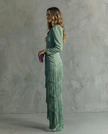 Long Sleeve Tiered Fringe Plunge Maxi Dress