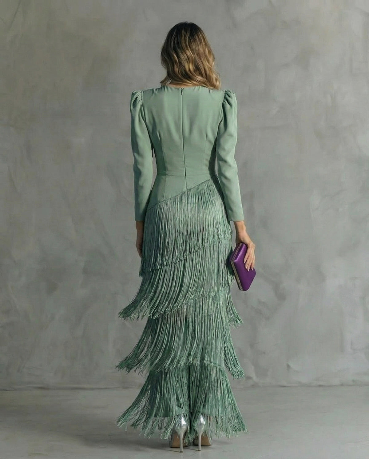 Long Sleeve Tiered Fringe Plunge Maxi Dress