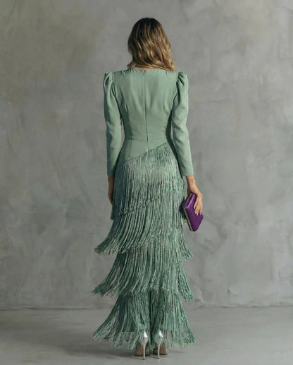 Long Sleeve Tiered Fringe Plunge Maxi Dress