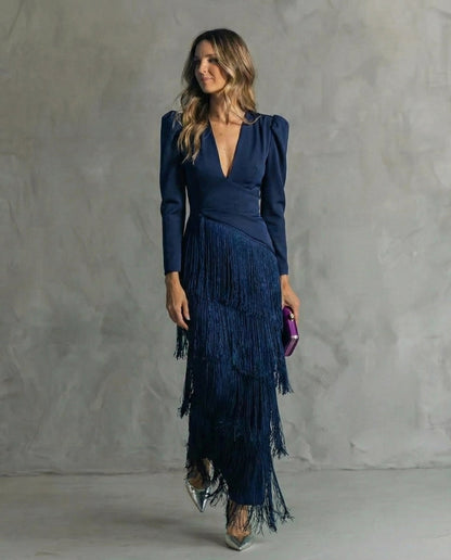 Long Sleeve Tiered Fringe Plunge Maxi Dress