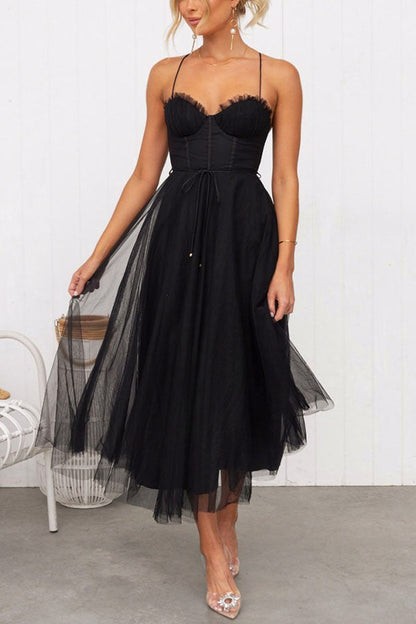 Tulle Corset Tie Waist Midi Dress