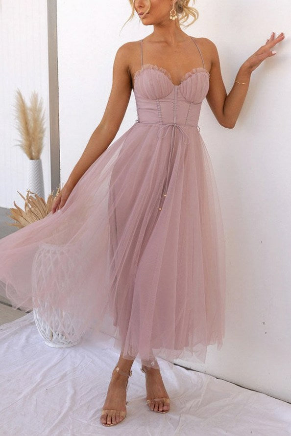 Tulle Corset Tie Waist Midi Dress