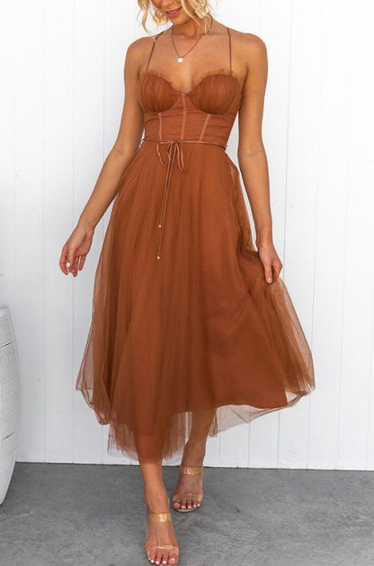Tulle Corset Tie Waist Midi Dress