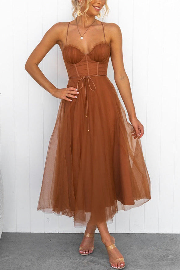 Tulle Corset Tie Waist Midi Dress
