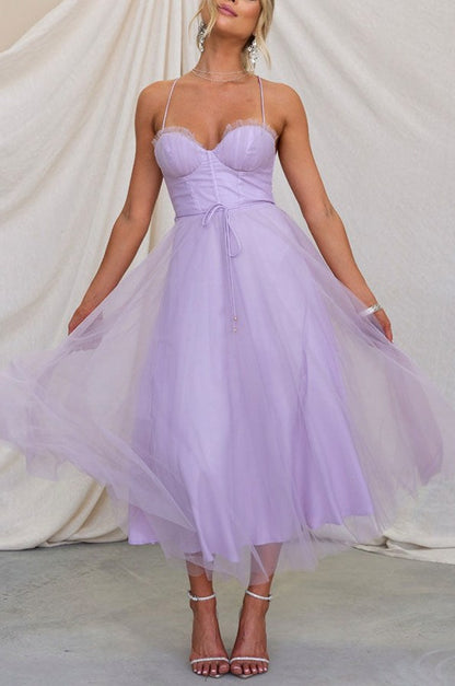 Tulle Corset Tie Waist Midi Dress