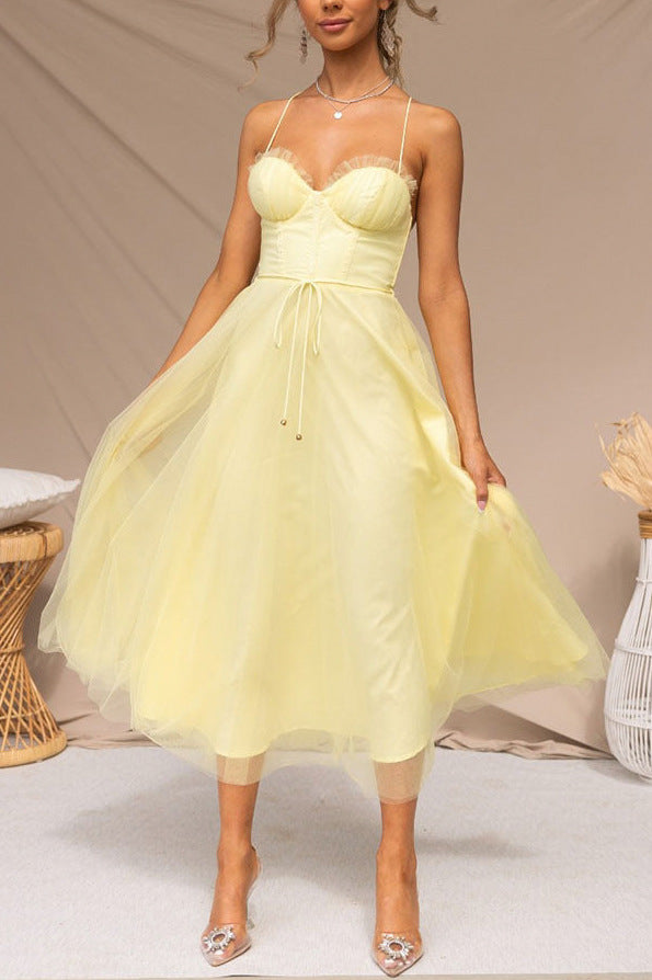 Tulle Corset Tie Waist Midi Dress