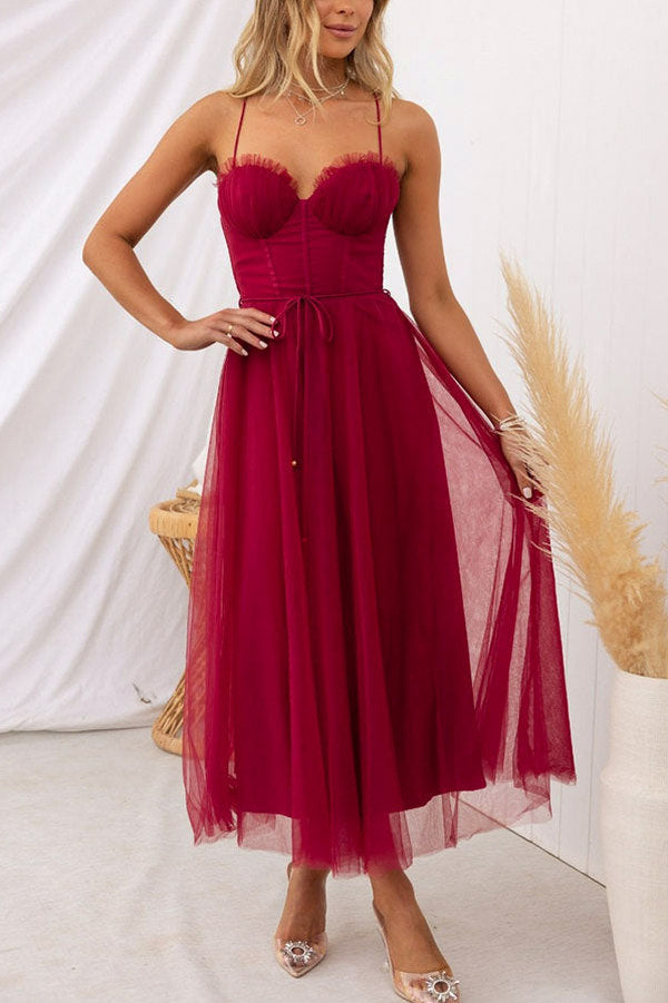 Tulle Corset Tie Waist Midi Dress