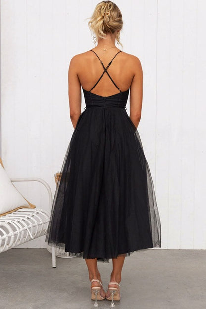 Tulle Corset Tie Waist Midi Dress